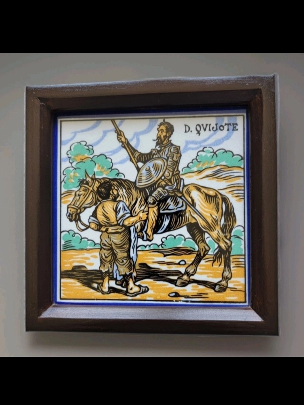 Vintage Don Quijote Ceramic Tile Art, Spanish Style, 7x7in, Brown Wood Frame